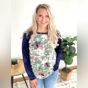 Out of the Blue Long Velvet Sleeve Top by HoneyMe -Sz S-